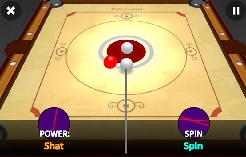 Carrom Clash: Disc Pool Games advanced shot demonstration with power and spin indicators